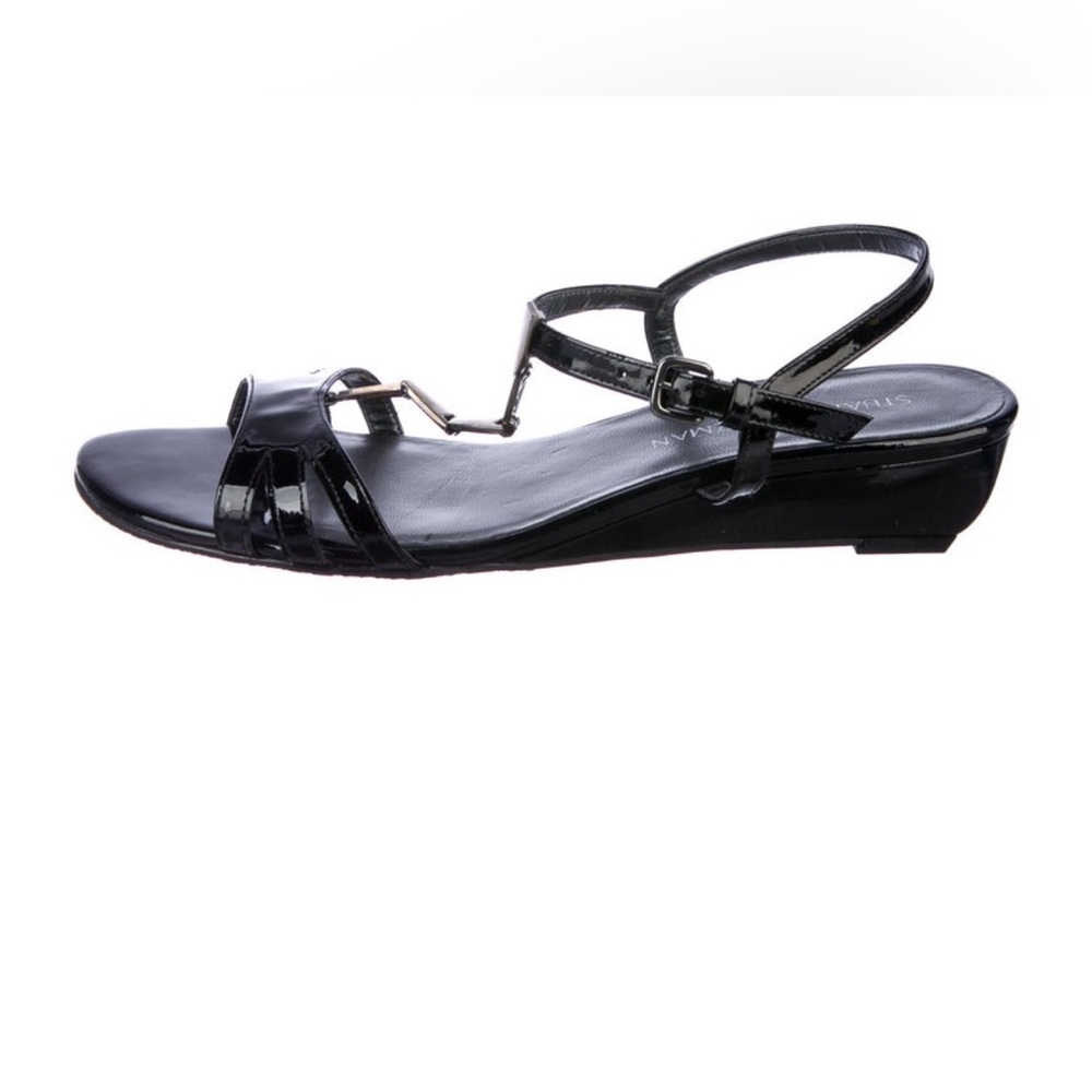 Stuart Weitzman Black Strappy Sandals with Glossy Finish